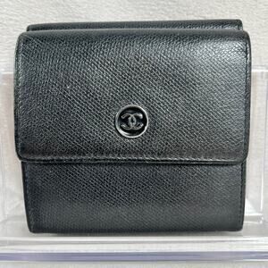 CHANEL Coco Button W Hook Tri-Fold Wallet Calf Leather Black Authentic